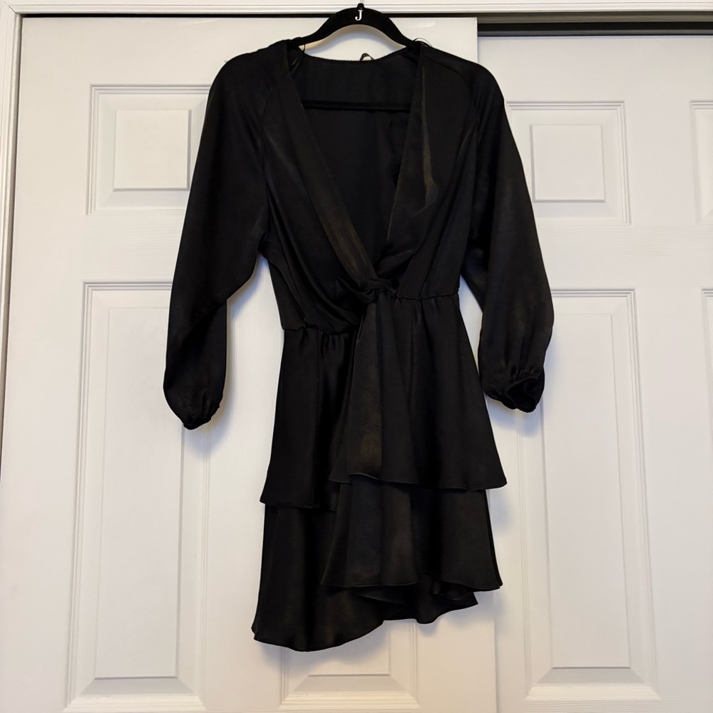 Zara Black Long-Sleeve V-Neck Tiered Wrap Dress